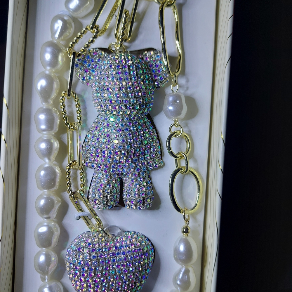 Iridescent Bear and Heart Pendant Keychain